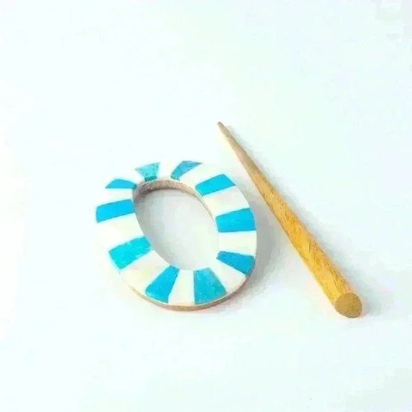 Handmade Mango Wood & Responsibly Sourced Bone Inlay Hair Pin /Turquoise & Ivory - Picture 3 of 4